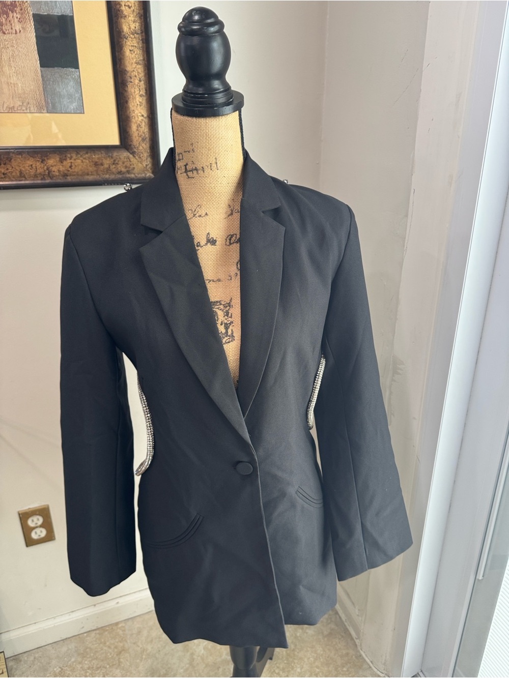 Women's Black Single-Button Blazer with Rhinestone Side Trim - Picture 5 of 5
